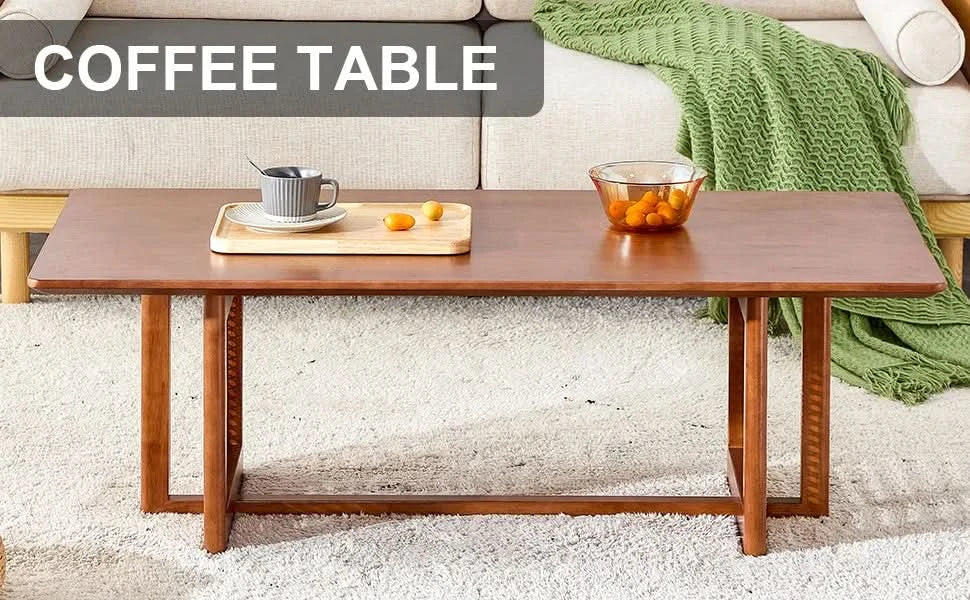 Coffee Table Rubber Wood Walnut Imitation Rattan Panels Rectangular Media 10