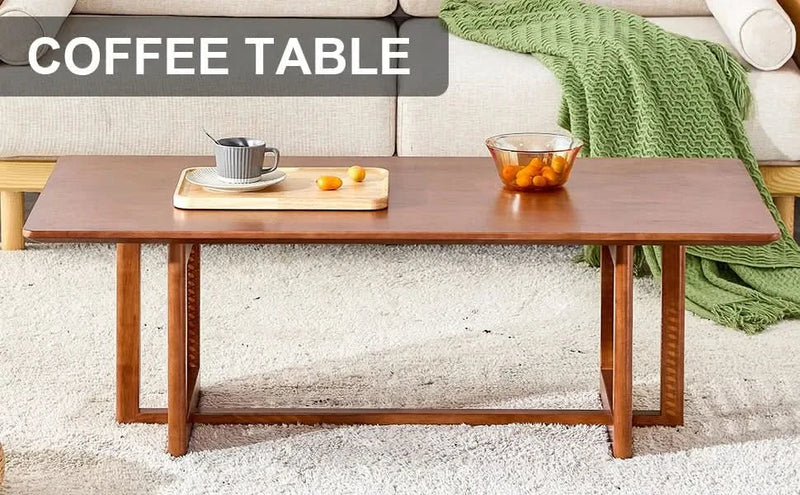 Coffee Table Rubber Wood Walnut Imitation Rattan Panels Rectangular