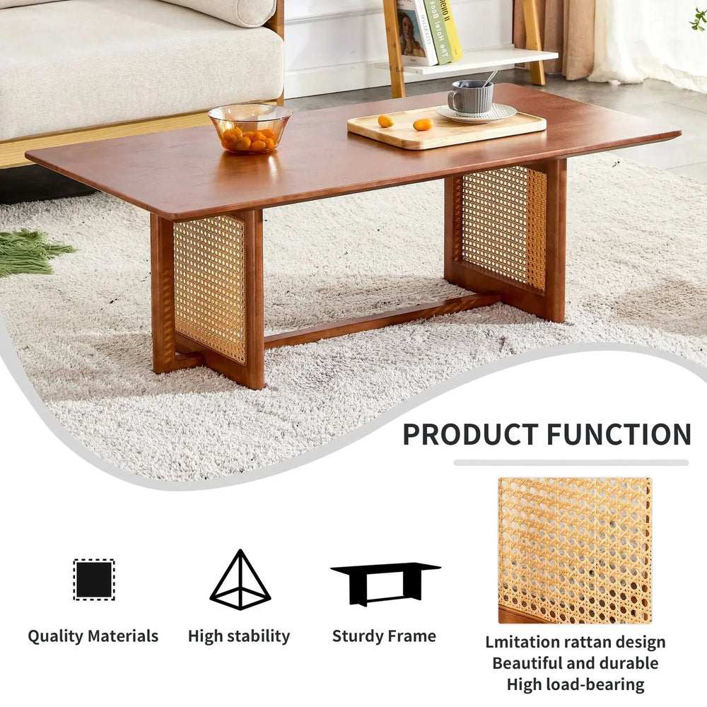 Coffee Table Rubber Wood Walnut Imitation Rattan Panels Rectangular Media 8