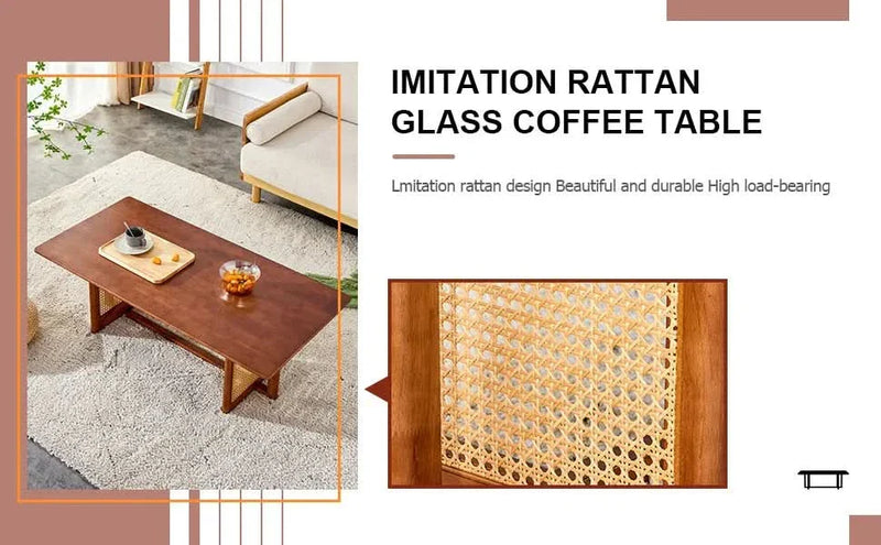 Coffee Table Rubber Wood Walnut Imitation Rattan Panels Rectangular