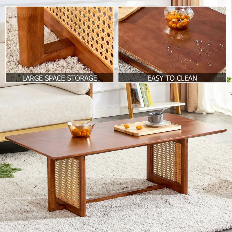 Coffee Table Rubber Wood Walnut Imitation Rattan Panels Rectangular