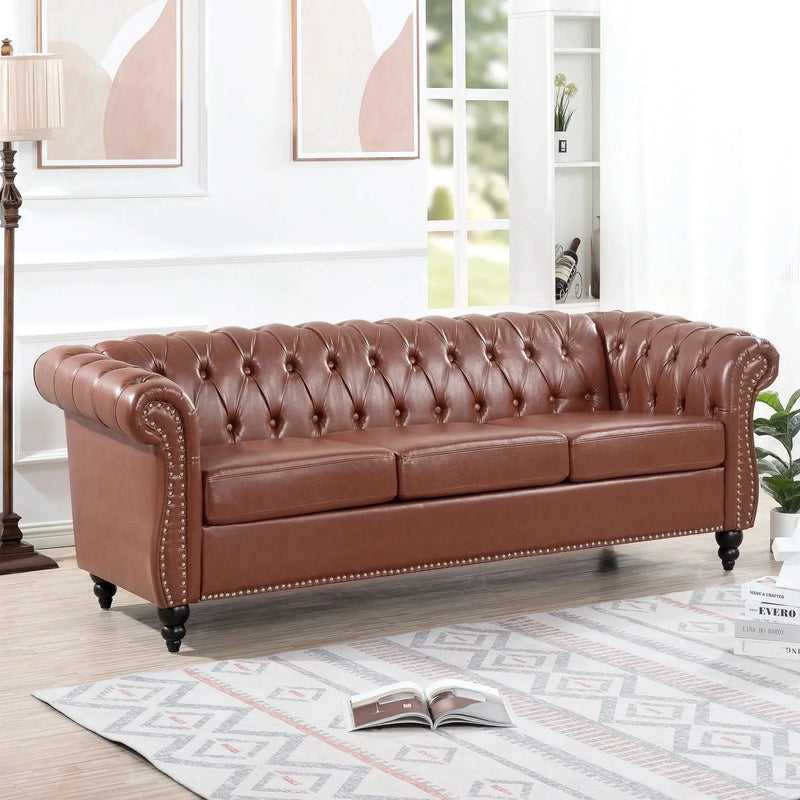 Chesterfield Sofa PU Leather Tufted Rolled Arms Three Seater Birch Legs