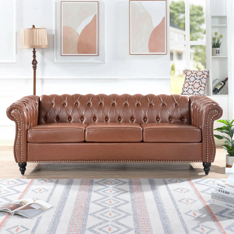 Chesterfield Sofa PU Leather Tufted Rolled Arms Three Seater Birch Legs