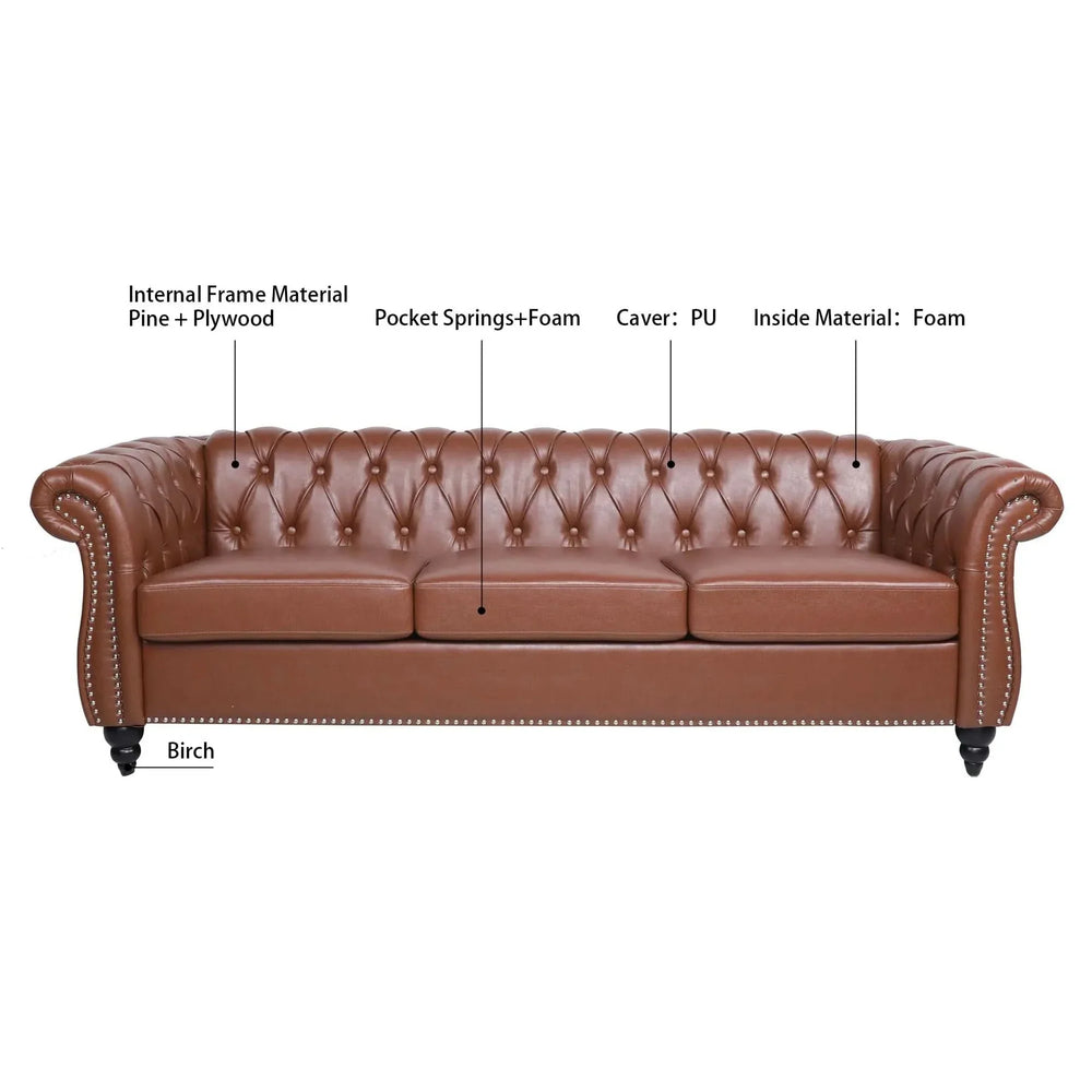 Chesterfield Sofa PU Leather Tufted Rolled Arms Three Seater Birch Legs Media 9