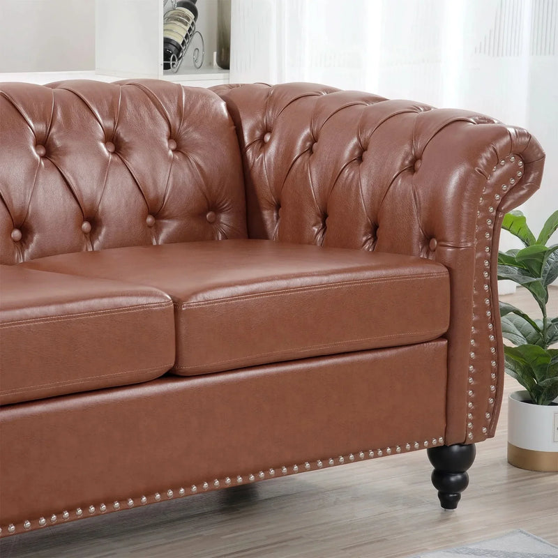Chesterfield Sofa PU Leather Tufted Rolled Arms Three Seater Birch Legs