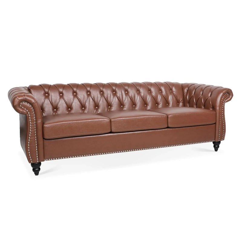 Chesterfield Sofa PU Leather Tufted Rolled Arms Three Seater Birch Legs