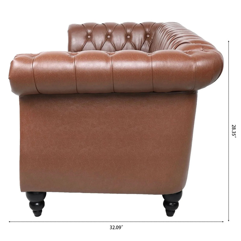 Chesterfield Sofa PU Leather Tufted Rolled Arms Three Seater Birch Legs