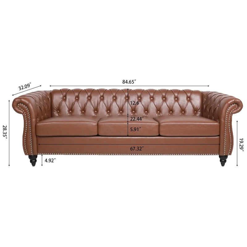 Chesterfield Sofa PU Leather Tufted Rolled Arms Three Seater Birch Legs