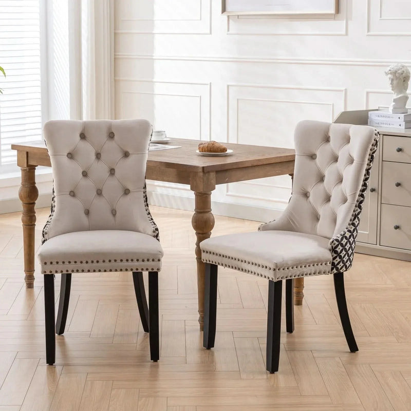 Velvet Dining Chairs Tufted Wood Frame Nailhead Trim Set Of 2 Beige & Patterned