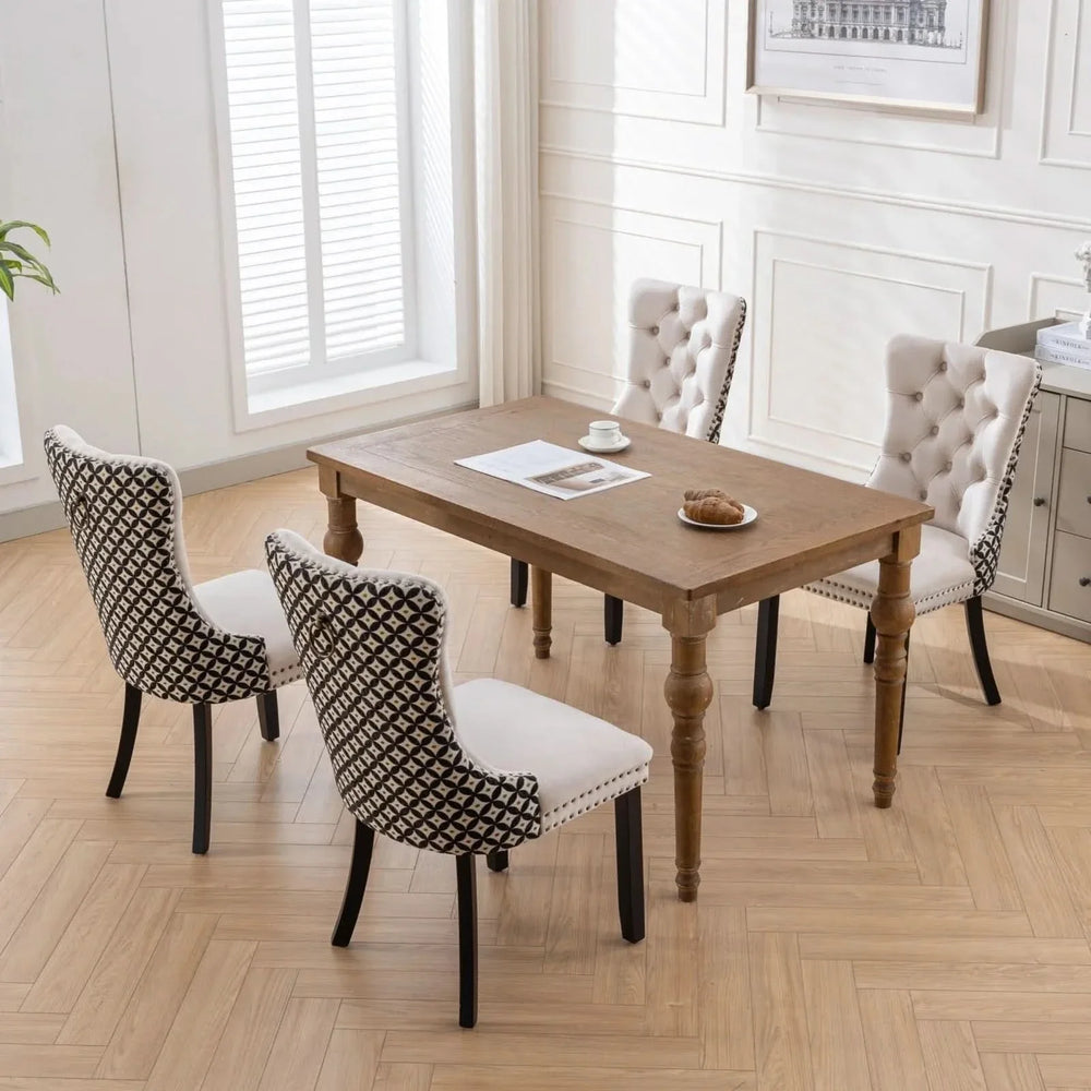 Velvet Dining Chairs Tufted Wood Frame Nailhead Trim Set Of 2 Beige & Patterned Media 19