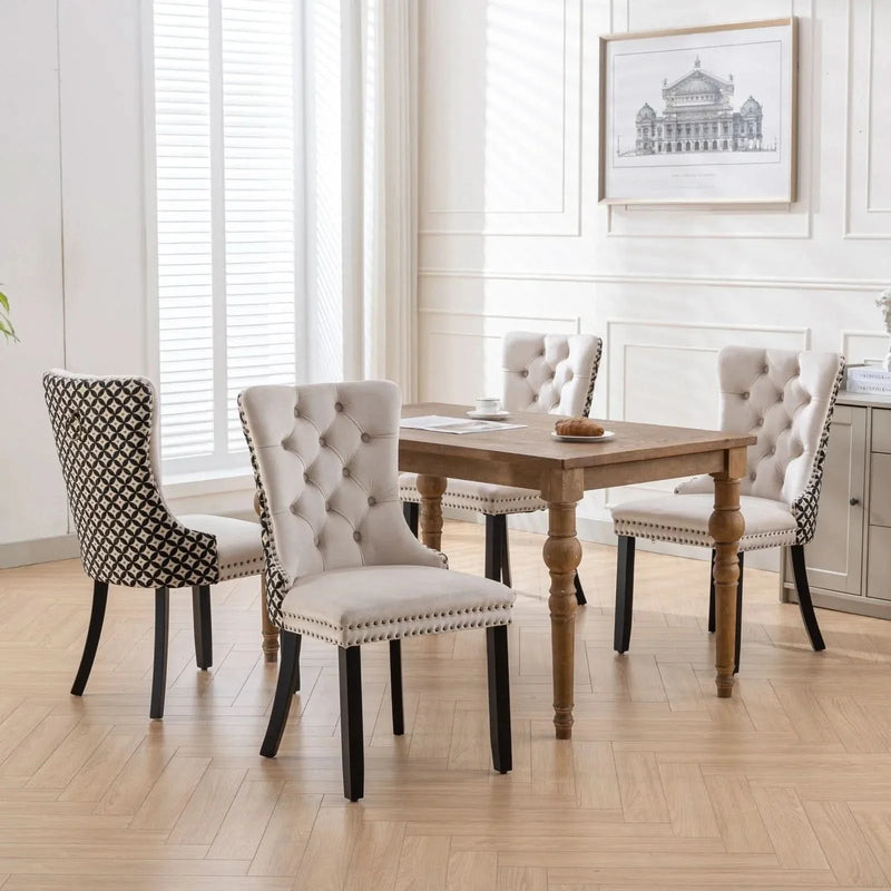 Velvet Dining Chairs Tufted Wood Frame Nailhead Trim Set Of 2 Beige & Patterned