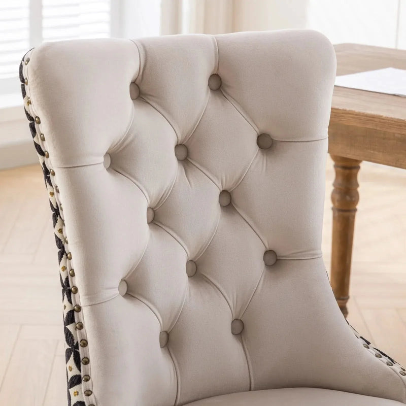 Velvet Dining Chairs Tufted Wood Frame Nailhead Trim Set Of 2 Beige & Patterned