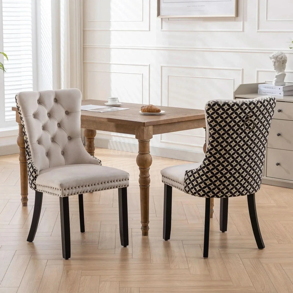 Velvet Dining Chairs Tufted Wood Frame Nailhead Trim Set Of 2 Beige & Patterned Media 1