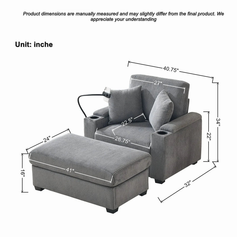 Corduroy Lounge Chair Oversized With Ottoman & Storage Grey Living Room