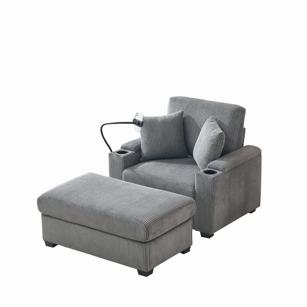 Corduroy Lounge Chair Oversized With Ottoman & Storage Grey Living Room Media 10