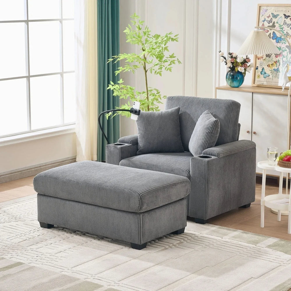 Corduroy Lounge Chair Oversized With Ottoman & Storage Grey Living Room Media 3