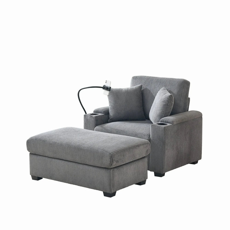 Corduroy Lounge Chair Oversized With Ottoman & Storage Grey Living Room