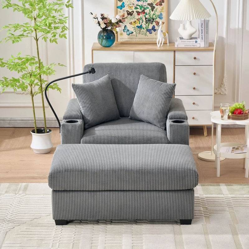 Corduroy Lounge Chair Oversized With Ottoman & Storage Grey Living Room