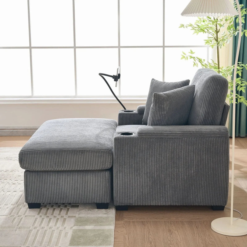 Corduroy Lounge Chair Oversized With Ottoman & Storage Grey Living Room