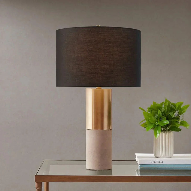 Concrete Table Lamp with Brass Base & Black Drum Shade Living Room