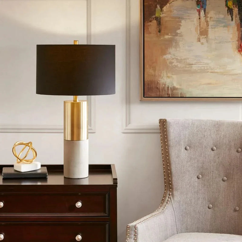 Concrete Table Lamp with Brass Base & Black Drum Shade Living Room