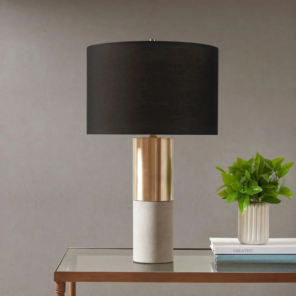 Concrete Table Lamp with Brass Base & Black Drum Shade Living Room Media 1