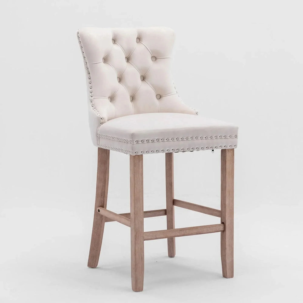 Contemporary Velvet Upholstered Barstools with Button Tufted Decoration and Wooden Legs, and Chrome Nailhead Trim, Leisure Style Bar Chairs,Bar stools, Set of 2 (Beige),SW2002BG - DTY Store