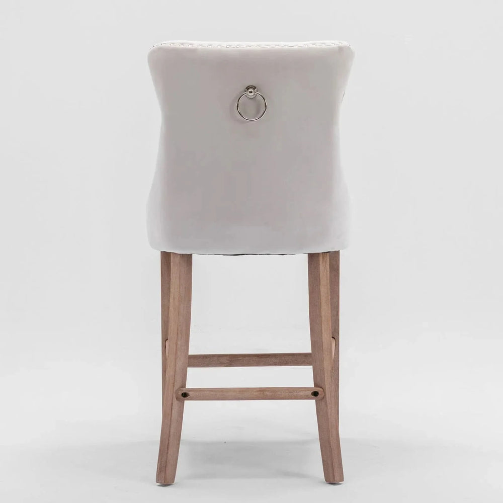 Velvet Upholstered Bar Stool Button Tufted Back & Wood Legs Chrome Nailhead Trim Media 6