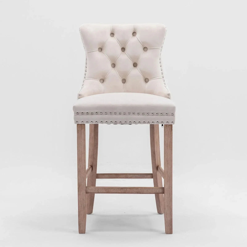 Velvet Upholstered Bar Stool Button Tufted Back & Wood Legs Chrome Nailhead Trim