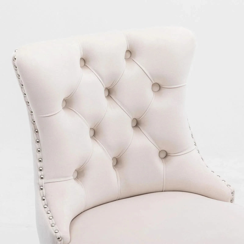 Velvet Upholstered Bar Stool Button Tufted Back & Wood Legs Chrome Nailhead Trim