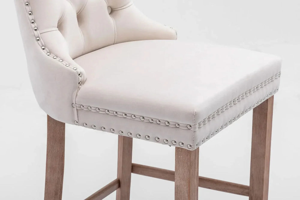 Velvet Upholstered Bar Stool Button Tufted Back & Wood Legs Chrome Nailhead Trim Media 9