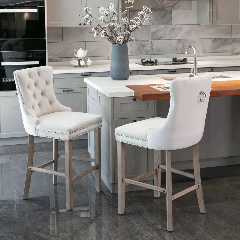Velvet Upholstered Bar Stool Button Tufted Back & Wood Legs Chrome Nailhead Trim
