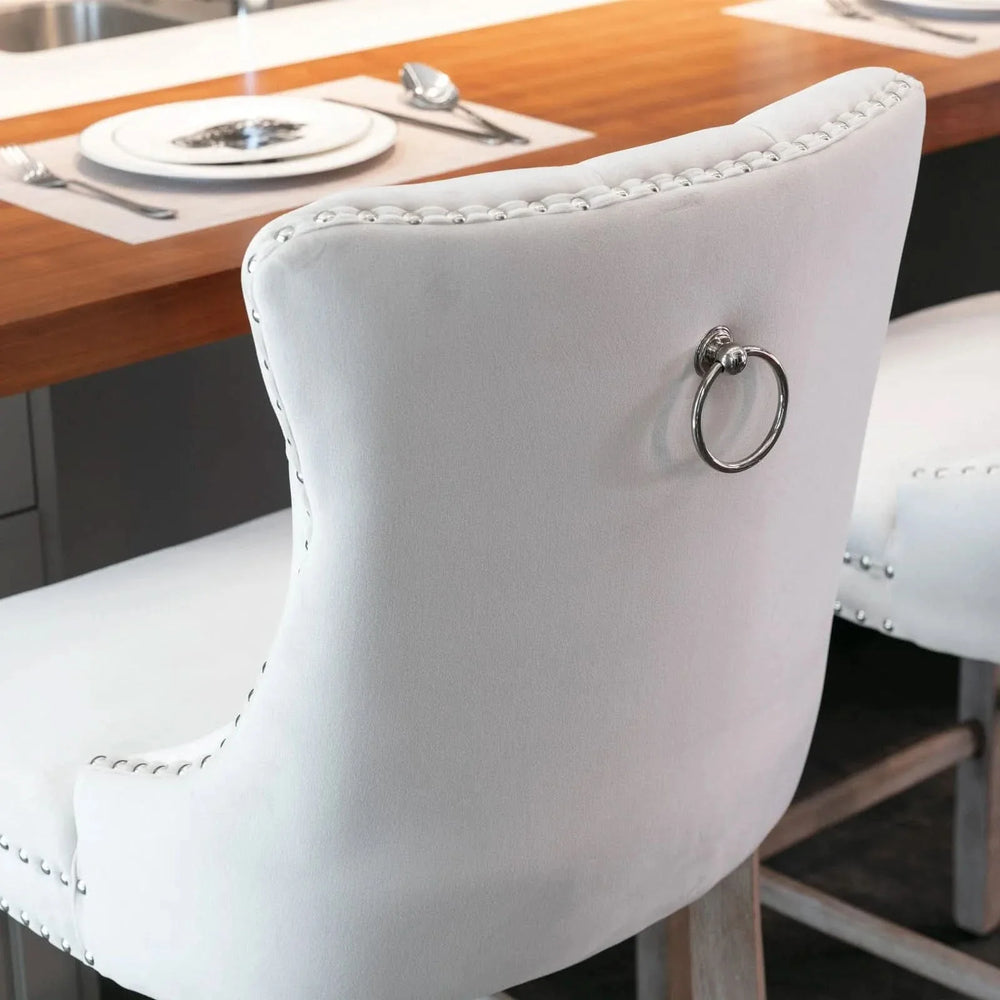 Velvet Upholstered Bar Stool Button Tufted Back & Wood Legs Chrome Nailhead Trim Media 12