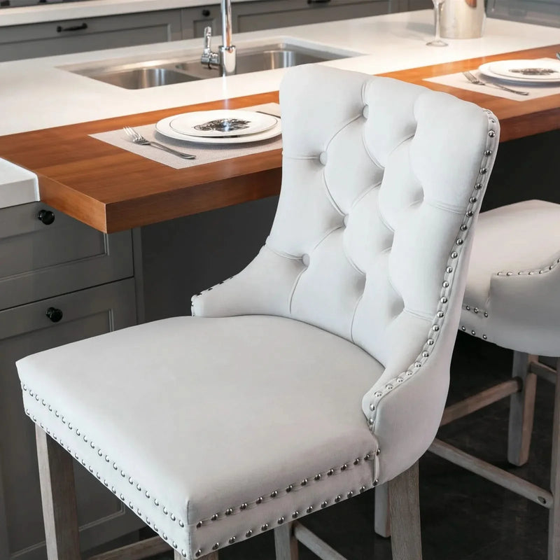 Velvet Upholstered Bar Stool Button Tufted Back & Wood Legs Chrome Nailhead Trim