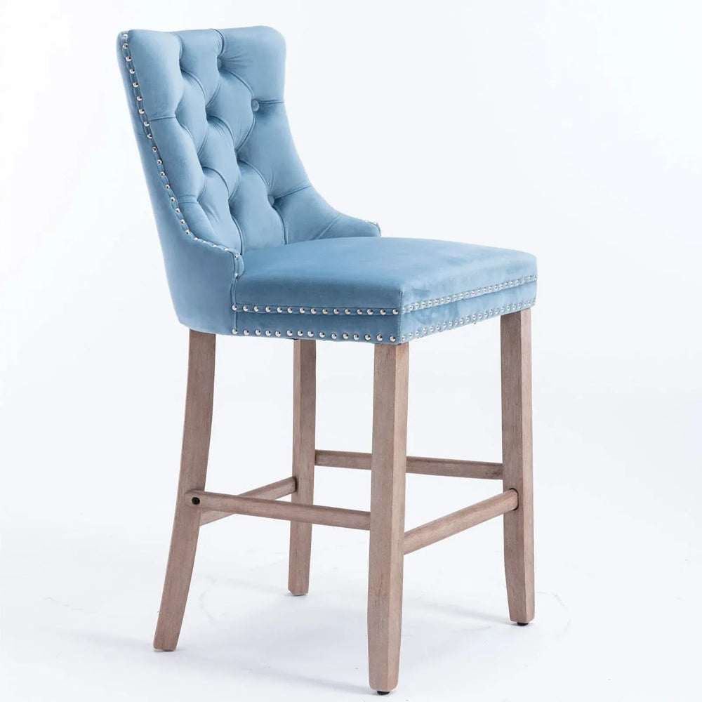 Contemporary Velvet Upholstered Barstools with Button Tufted Decoration and Wooden Legs, and Chrome Nailhead Trim, Leisure Style Bar Chairs,Bar stools, Set of 2 (Light Blue),SW2002LB - DTY Store