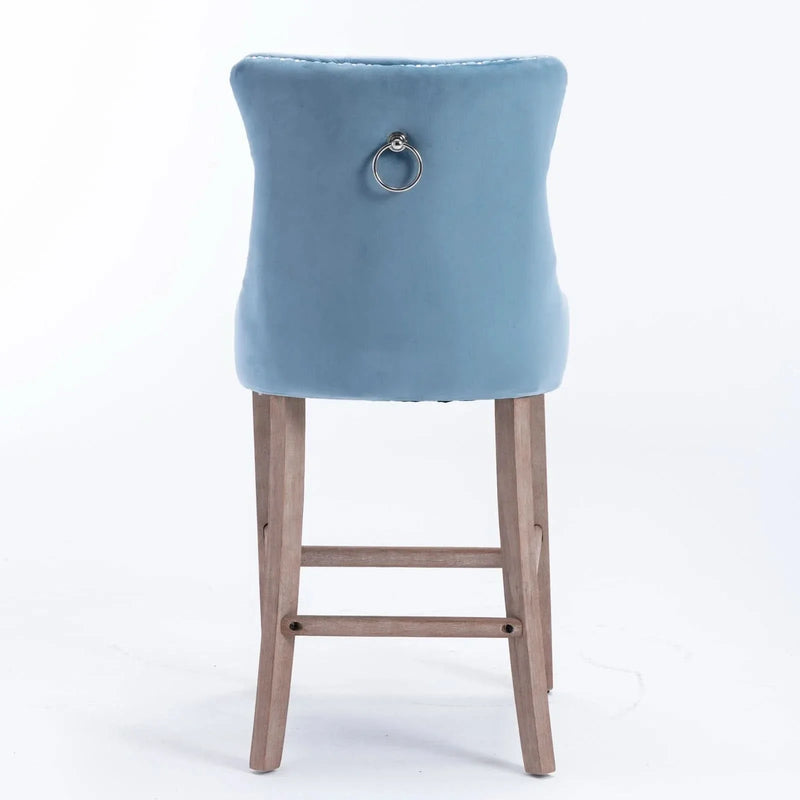 Velvet Bar Stools Light Blue Button Tufting Wooden Legs Leisure Style