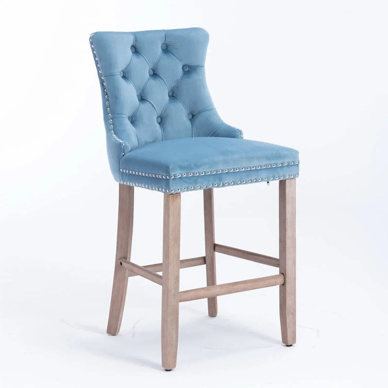 Velvet Bar Stools Light Blue Button Tufting Wooden Legs Leisure Style