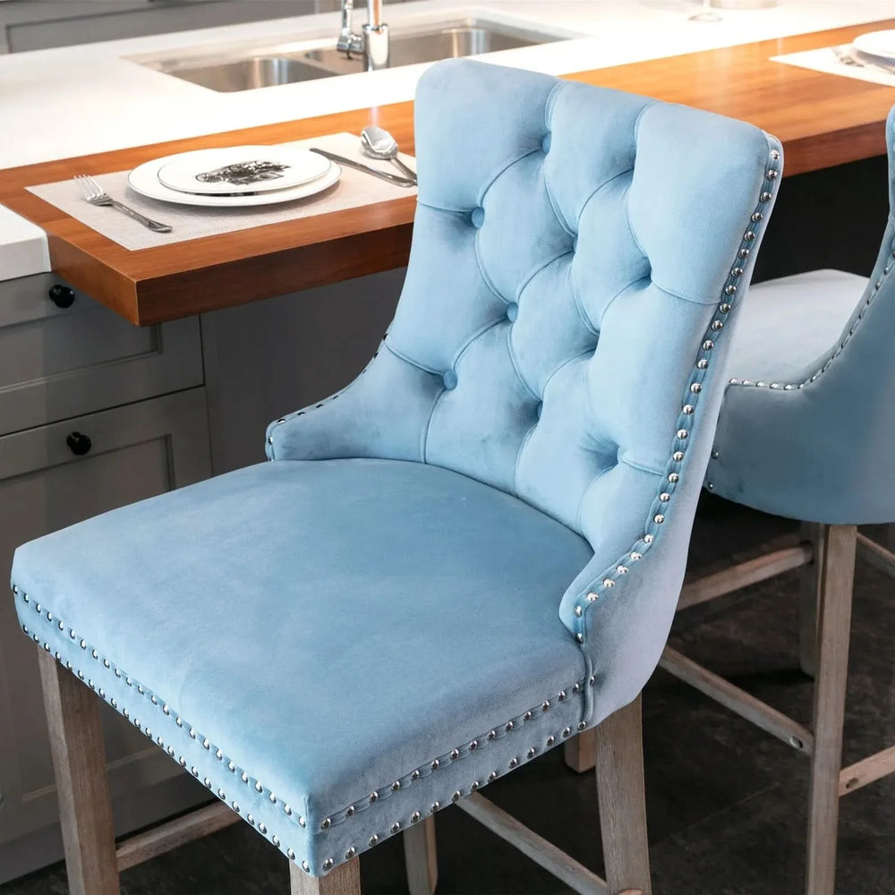 Velvet Bar Stools Light Blue Button Tufting Wooden Legs Leisure Style Media 12