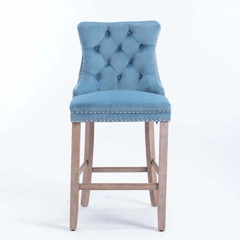 Velvet Bar Stools Light Blue Button Tufting Wooden Legs Leisure Style
