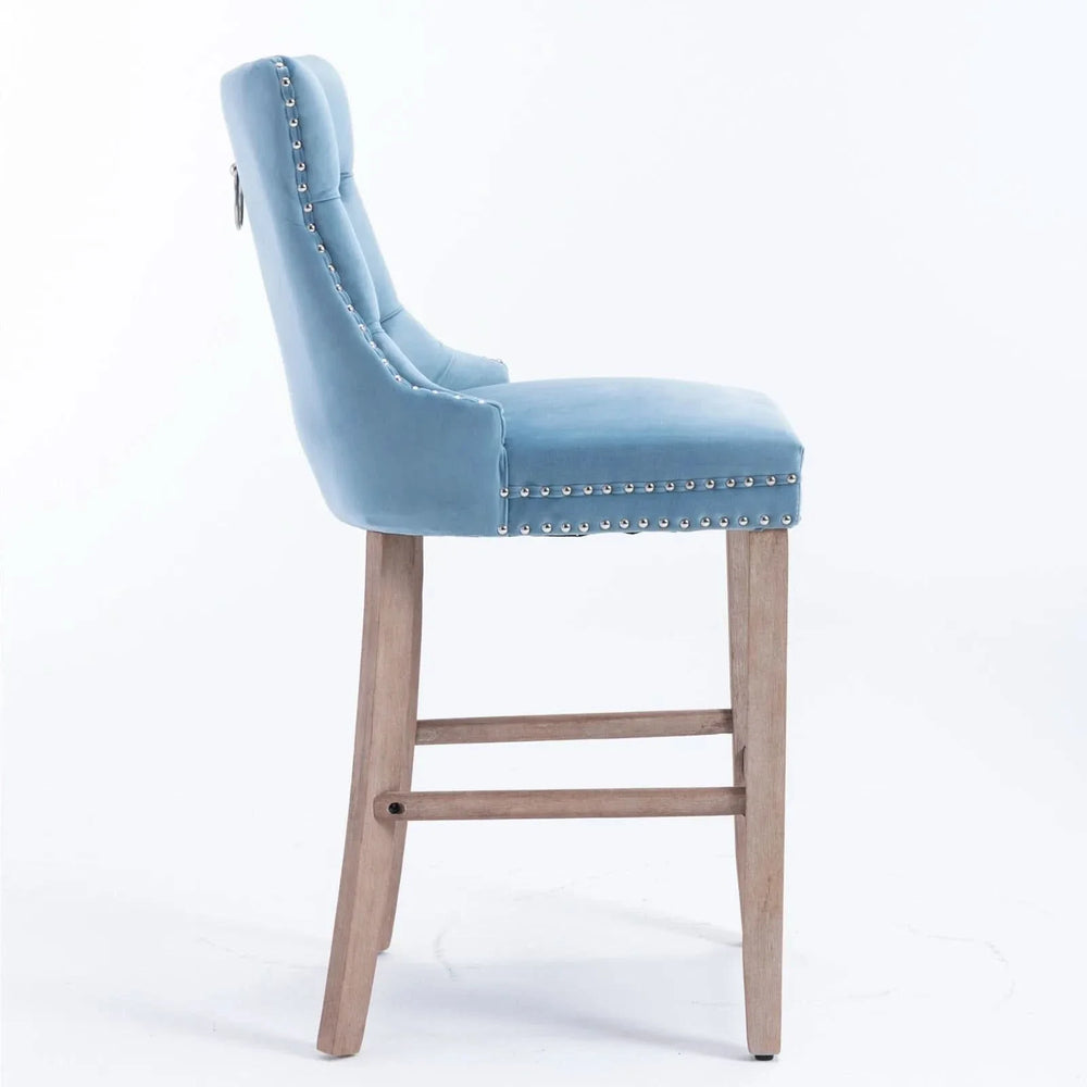 Contemporary Velvet Upholstered Barstools with Button Tufted Decoration and Wooden Legs, and Chrome Nailhead Trim, Leisure Style Bar Chairs,Bar stools, Set of 2 (Light Blue),SW2002LB - DTY Store