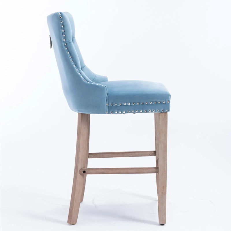 Velvet Bar Stools Light Blue Button Tufting Wooden Legs Leisure Style