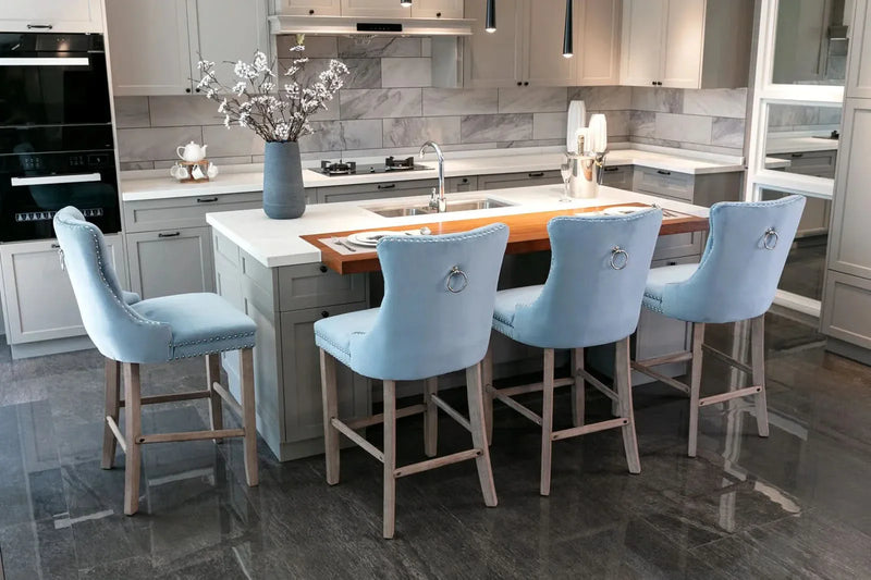 Velvet Bar Stools Light Blue Button Tufting Wooden Legs Leisure Style