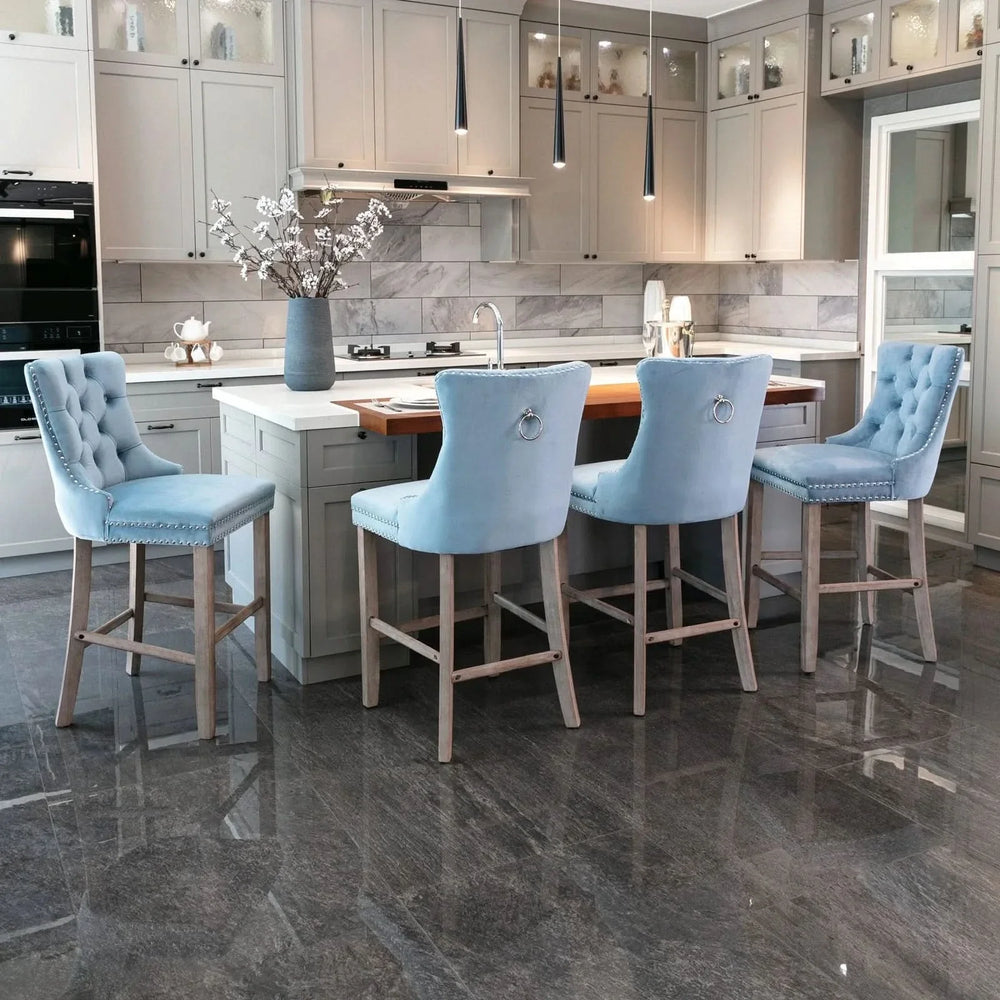 Velvet Bar Stools Light Blue Button Tufting Wooden Legs Leisure Style Media 16