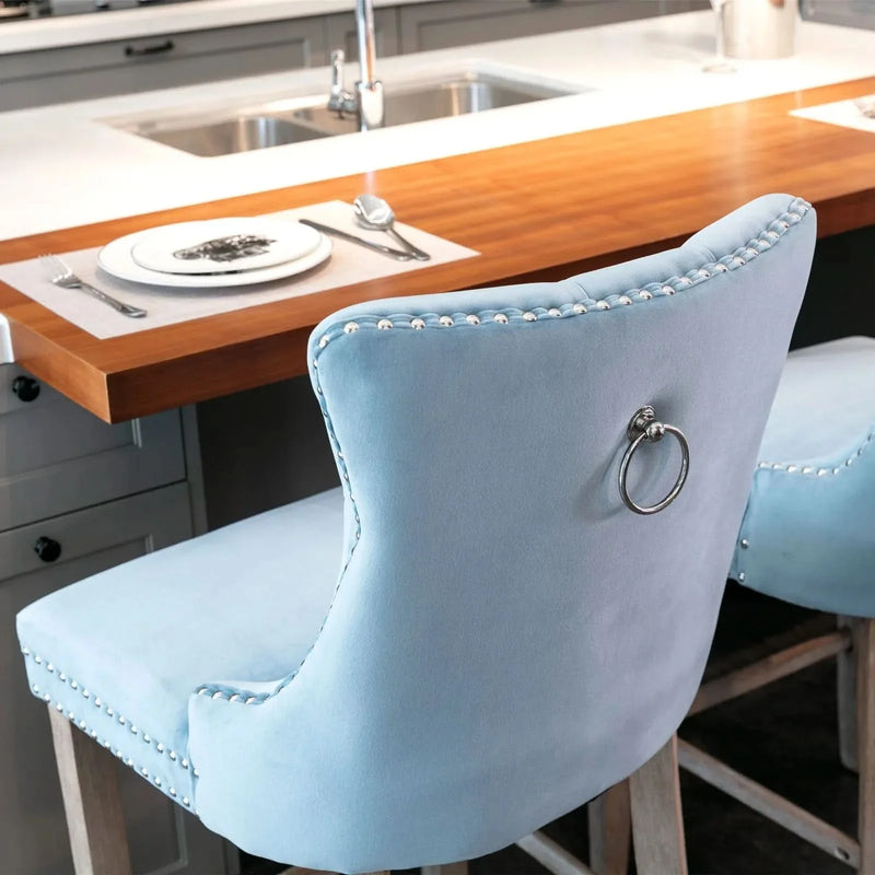 Velvet Bar Stools Light Blue Button Tufting Wooden Legs Leisure Style