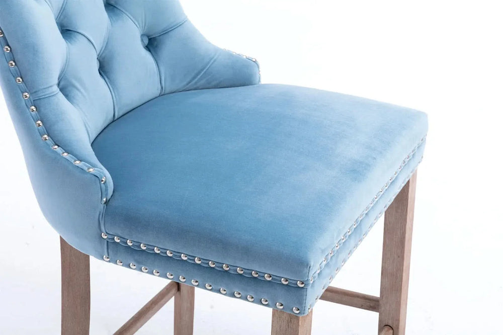 Velvet Bar Stools Light Blue Button Tufting Wooden Legs Leisure Style Media 10