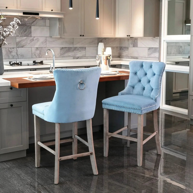 Velvet Bar Stools Light Blue Button Tufting Wooden Legs Leisure Style