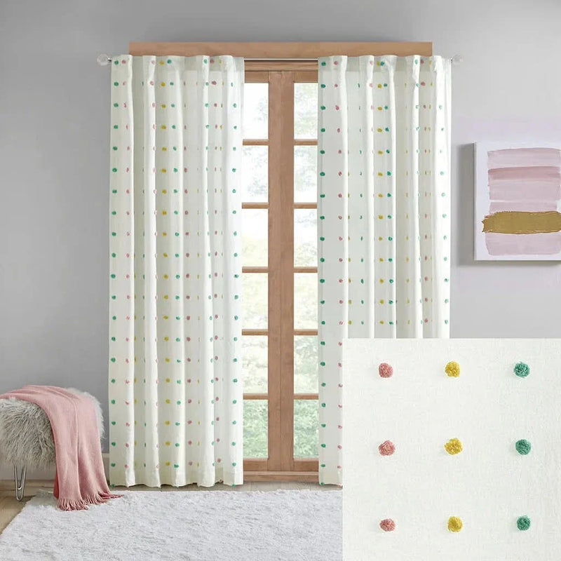 Cotton Curtain Panel Jacquard Pom Pom Dots On White Ground 84in Long 50in Wide