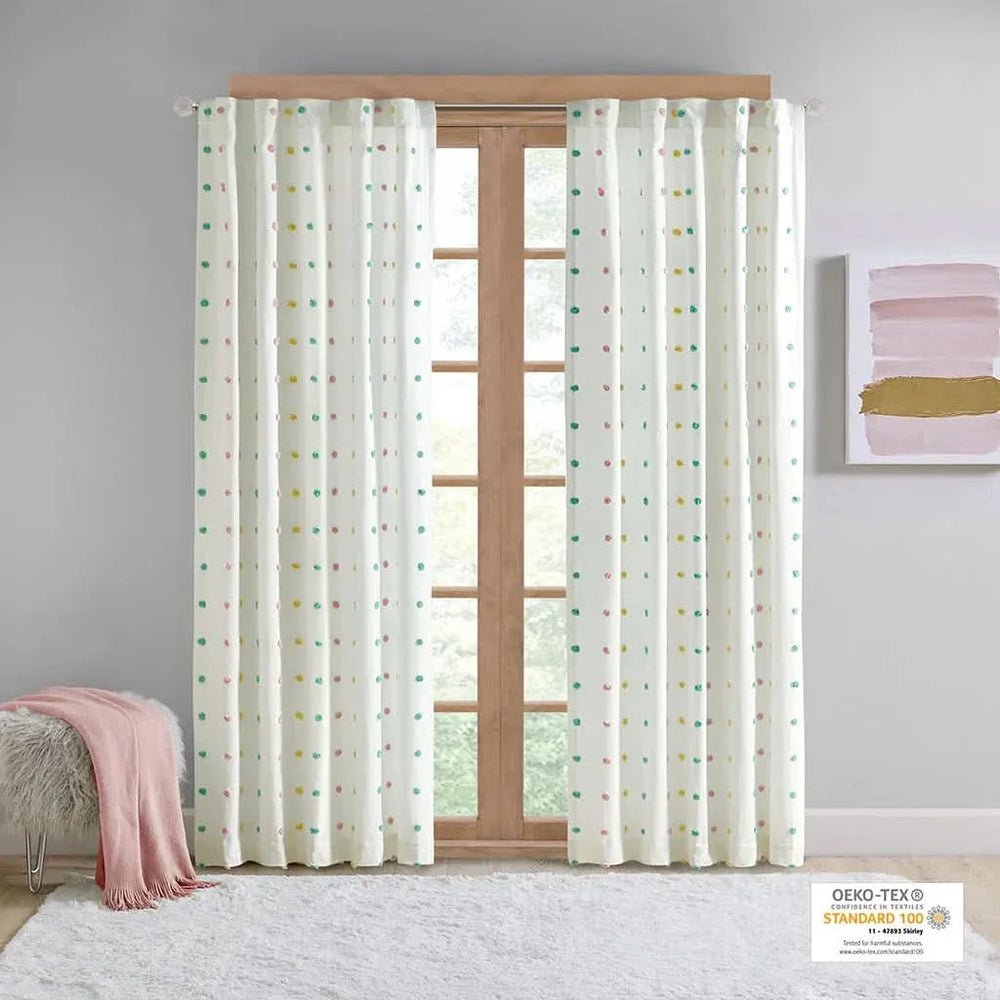 Cotton Curtain Panel Jacquard Pom Pom Dots On White Ground 84in Long 50in Wide Media 4