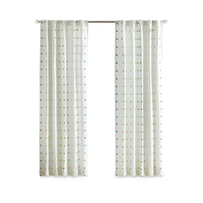 Cotton Curtain Panel Jacquard Pom Pom Dots On White Ground 84in Long 50in Wide
