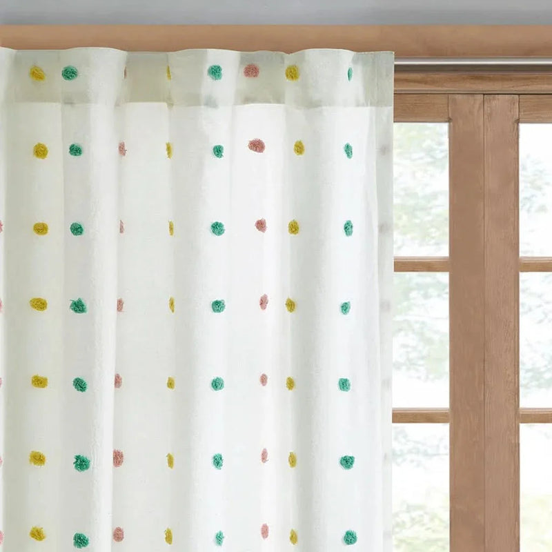 Cotton Curtain Panel Jacquard Pom Pom Dots On White Ground 84in Long 50in Wide